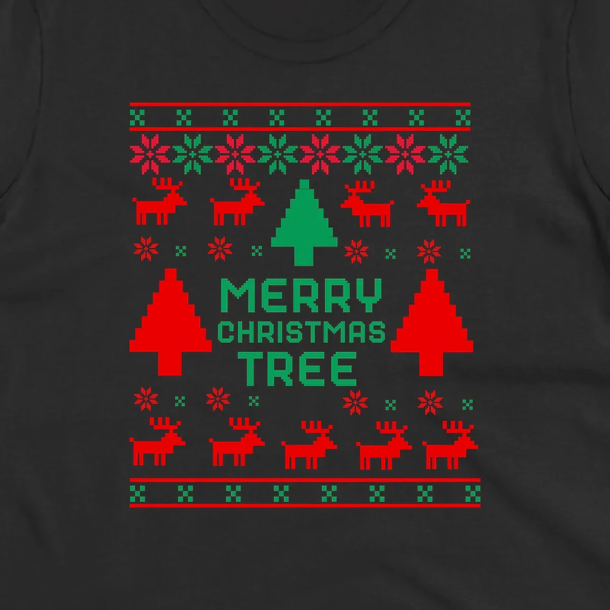Ugly Christmas sweater pattern with reindeer, trees, snowflakes, and text 'MERRY CHRISTMAS TREE'.