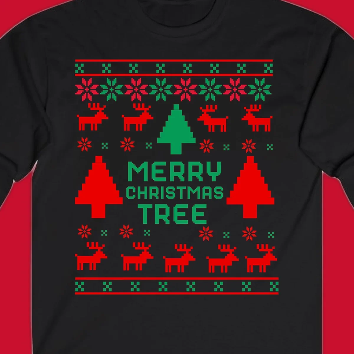 Ugly Christmas sweater pattern with reindeer, trees, snowflakes, and text 'MERRY CHRISTMAS TREE'.