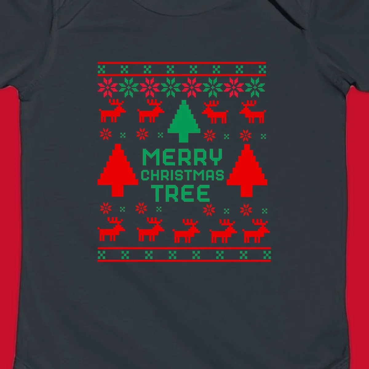 Ugly Christmas sweater pattern with reindeer, trees, snowflakes, and text 'MERRY CHRISTMAS TREE'.