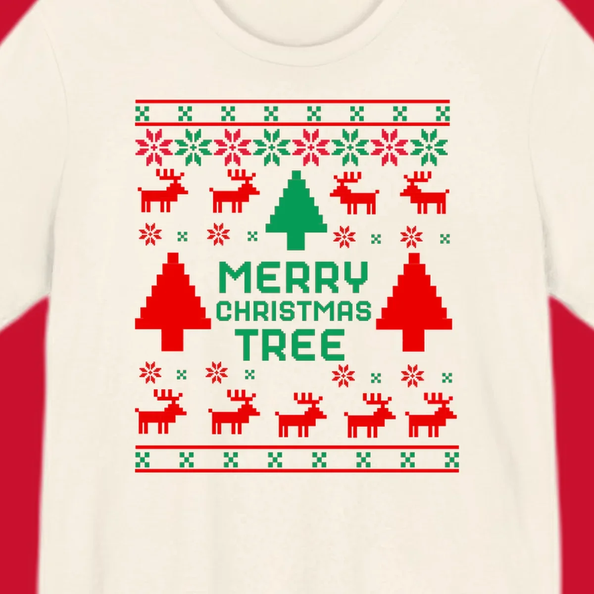 Ugly Christmas sweater pattern with reindeer, trees, snowflakes, and text 'MERRY CHRISTMAS TREE'.