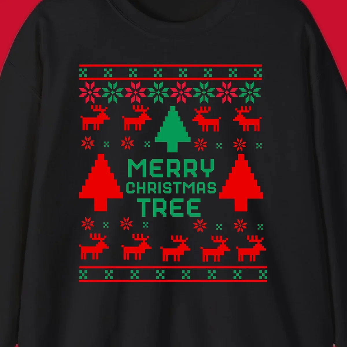 Ugly Christmas sweater pattern with reindeer, trees, snowflakes, and text 'MERRY CHRISTMAS TREE'.