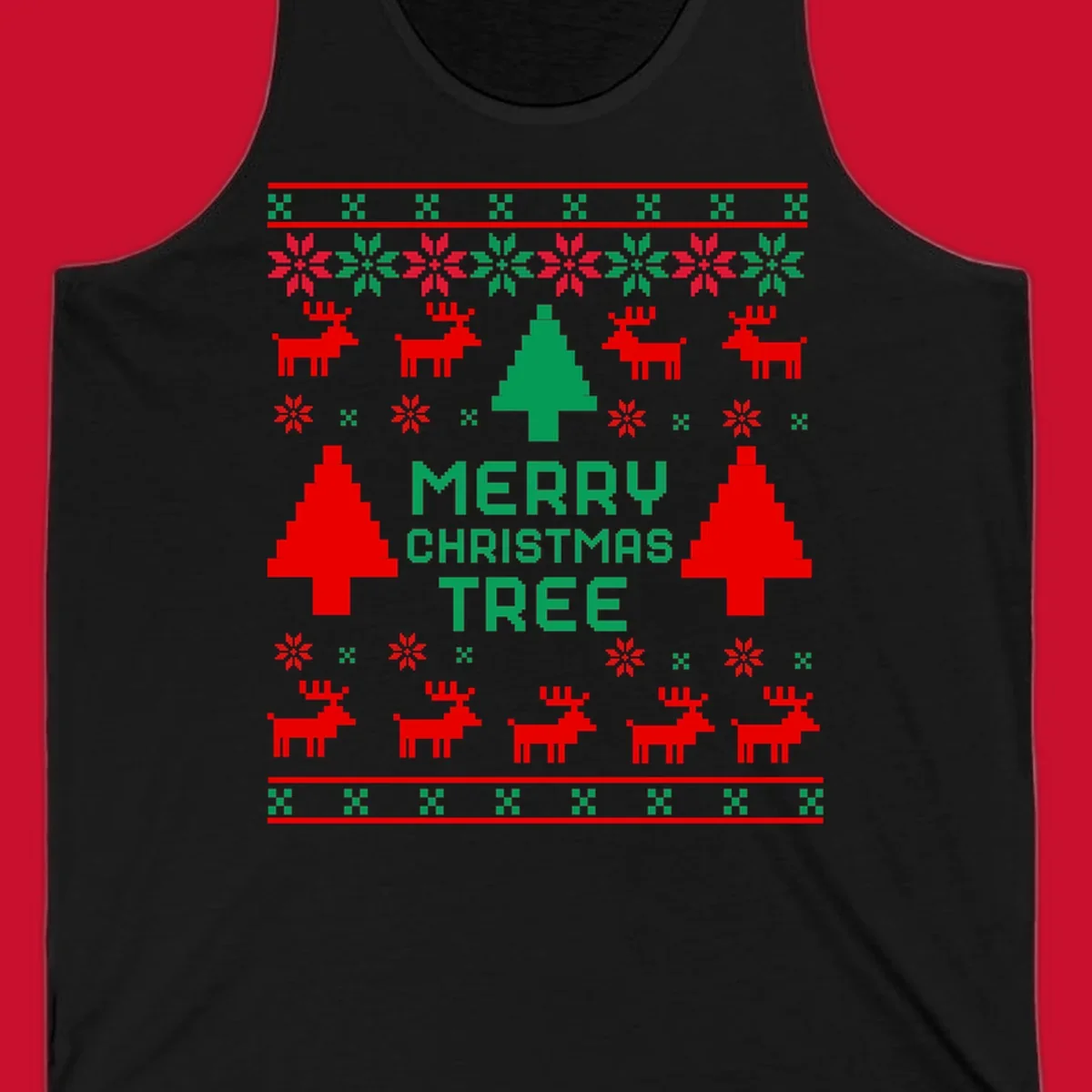 Ugly Christmas sweater pattern with reindeer, trees, snowflakes, and text 'MERRY CHRISTMAS TREE'.