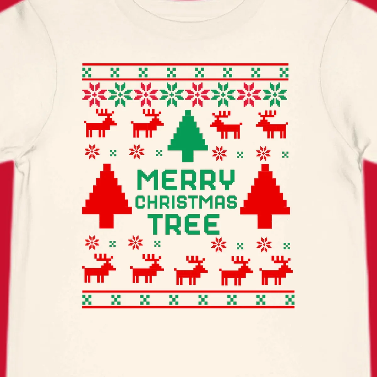 Ugly Christmas sweater pattern with reindeer, trees, snowflakes, and text 'MERRY CHRISTMAS TREE'.
