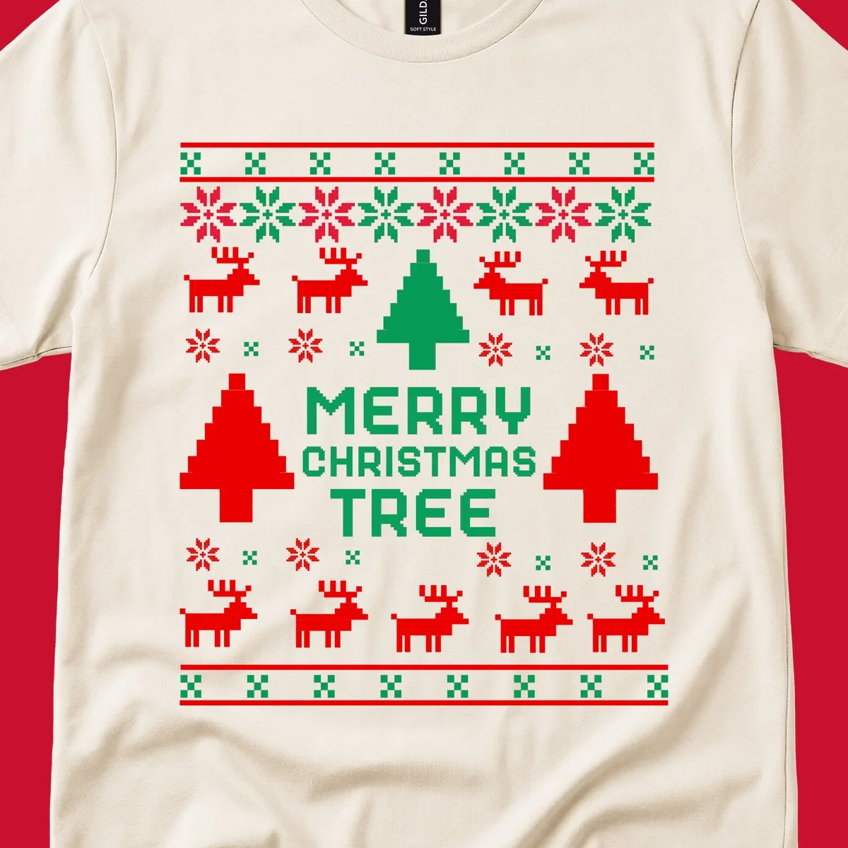 Ugly Christmas sweater pattern with reindeer, trees, snowflakes, and text 'MERRY CHRISTMAS TREE'.