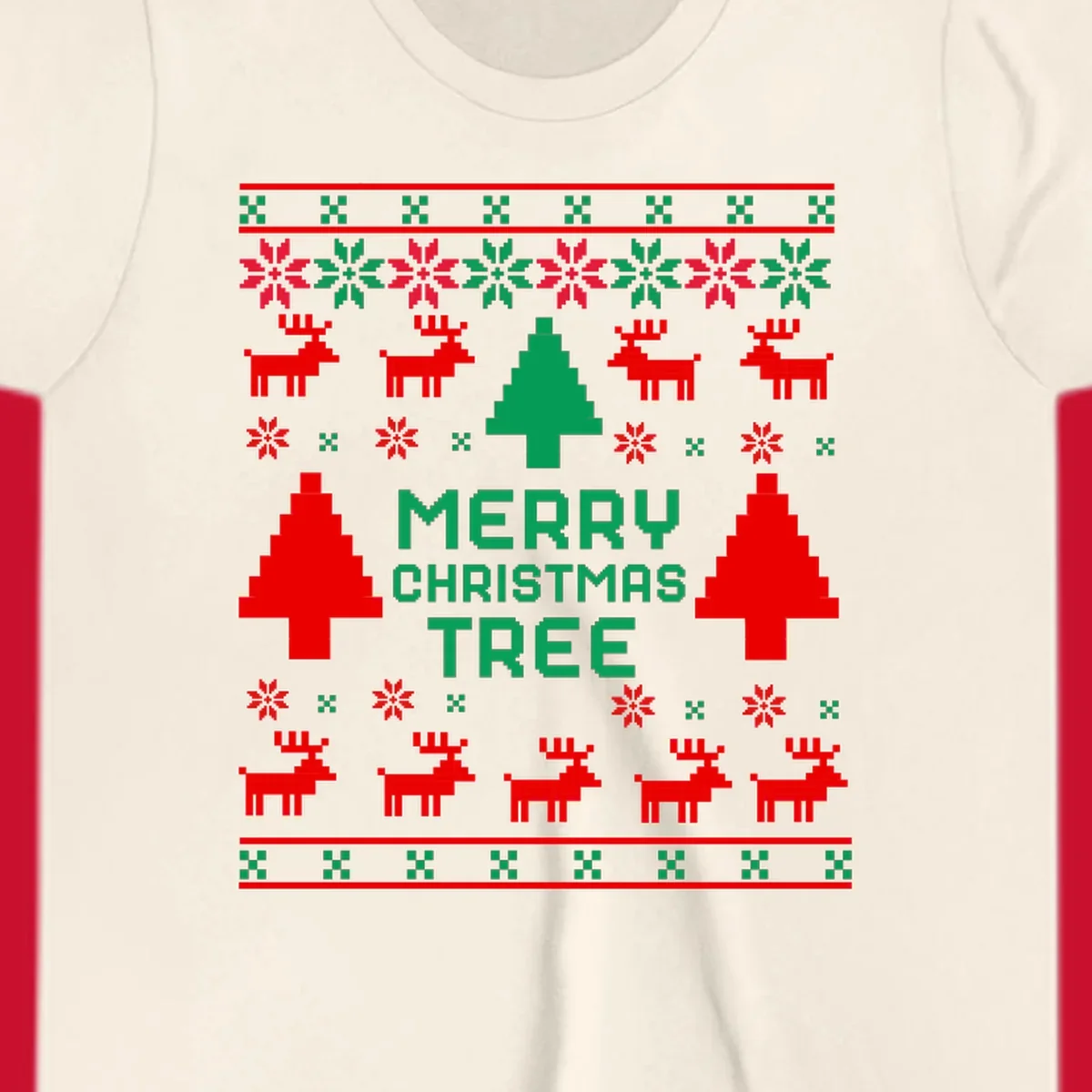 Ugly Christmas sweater pattern with reindeer, trees, snowflakes, and text 'MERRY CHRISTMAS TREE'.