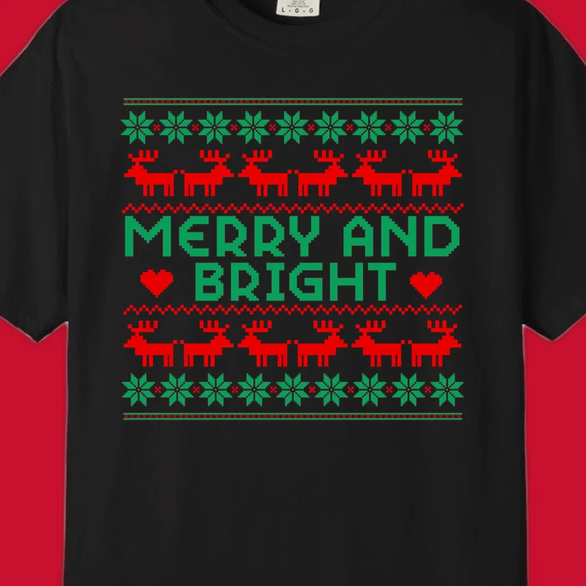 Pixelated Merry and Bright Christmas design with reindeer and snowflakes.