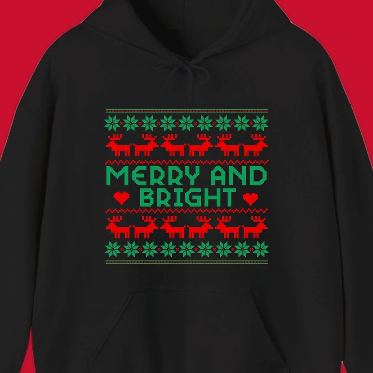Pixelated Merry and Bright Christmas design with reindeer and snowflakes.