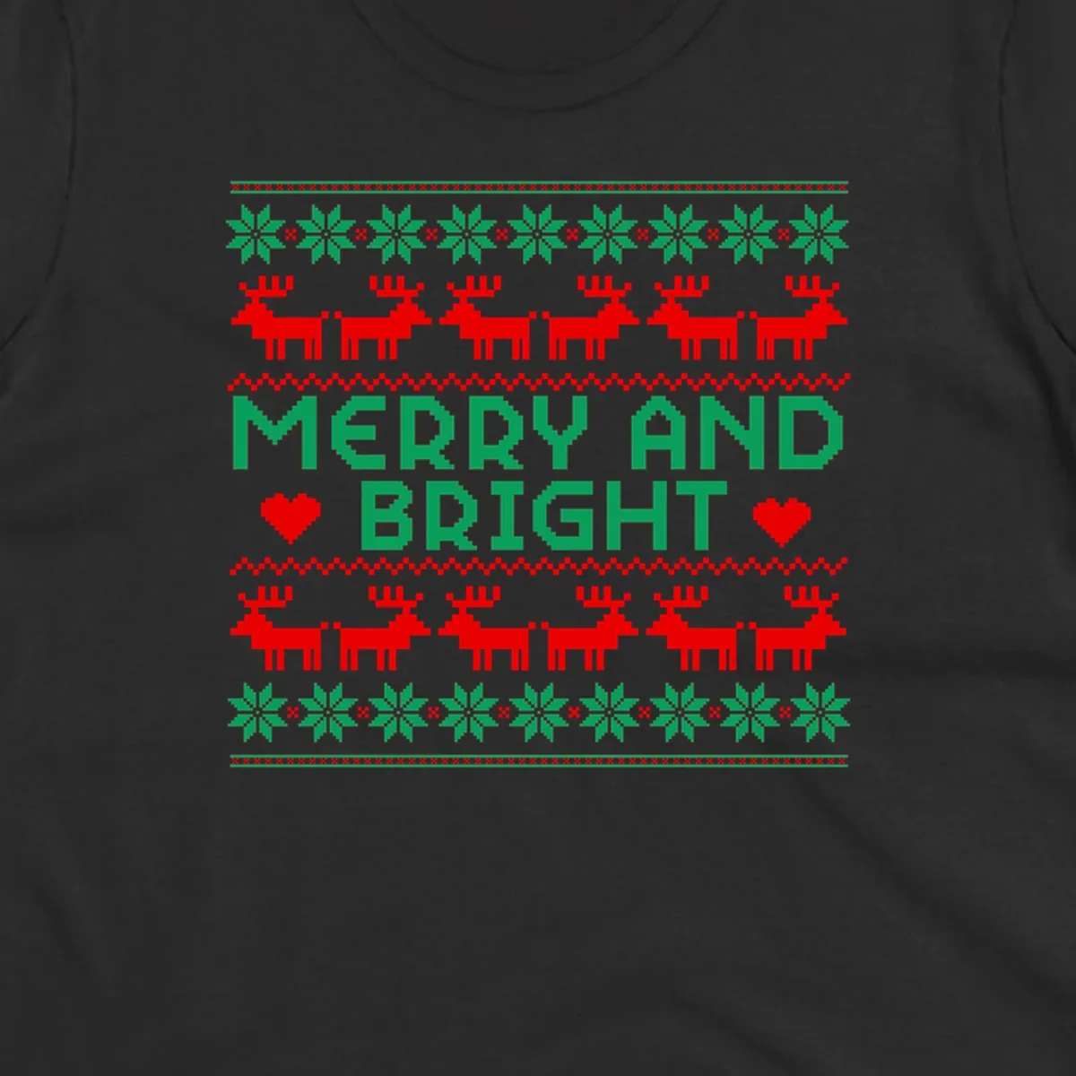 Pixelated Merry and Bright Christmas design with reindeer and snowflakes.