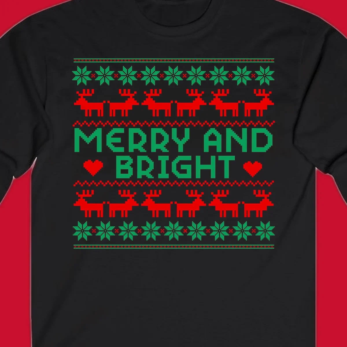 Pixelated Merry and Bright Christmas design with reindeer and snowflakes.
