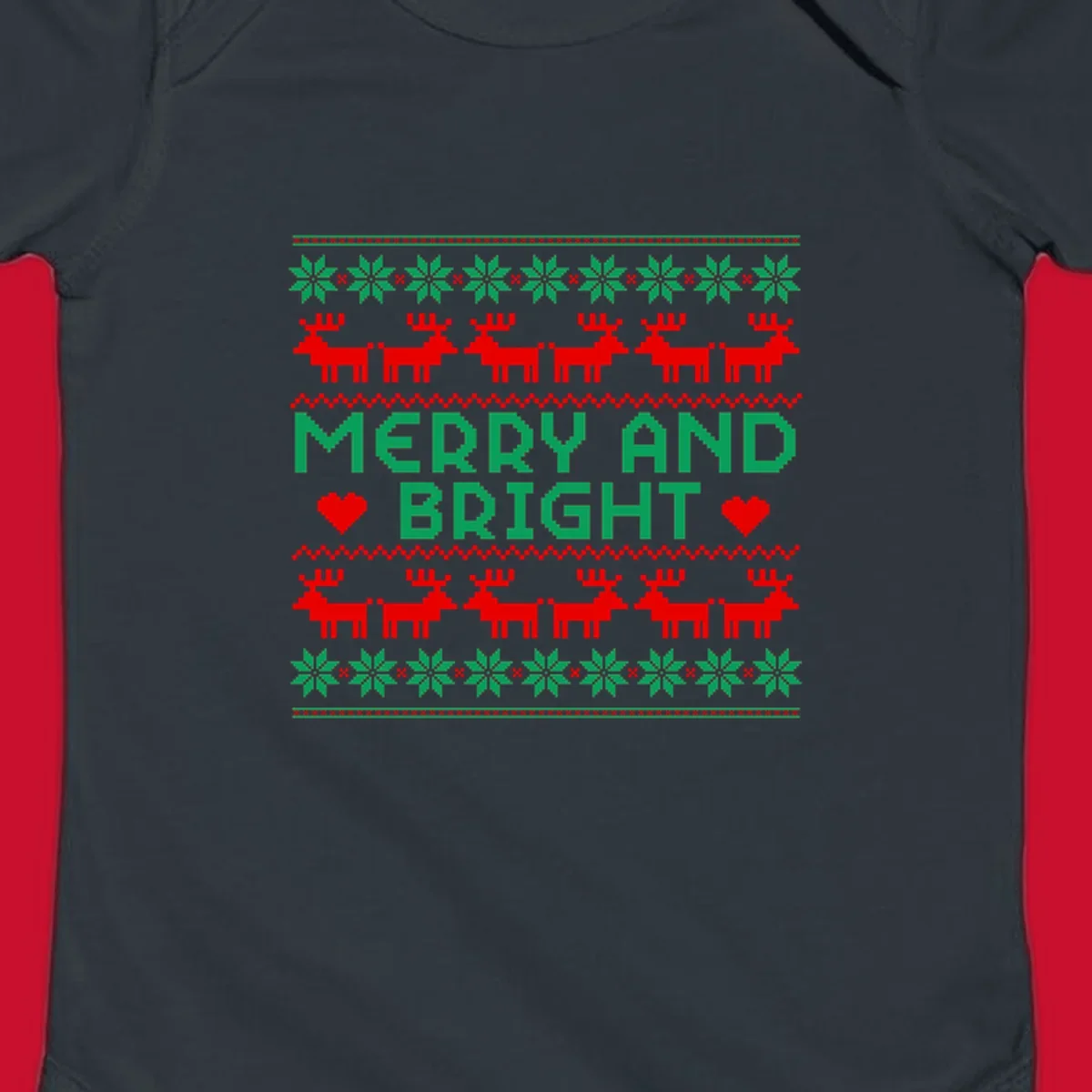 Pixelated Merry and Bright Christmas design with reindeer and snowflakes.