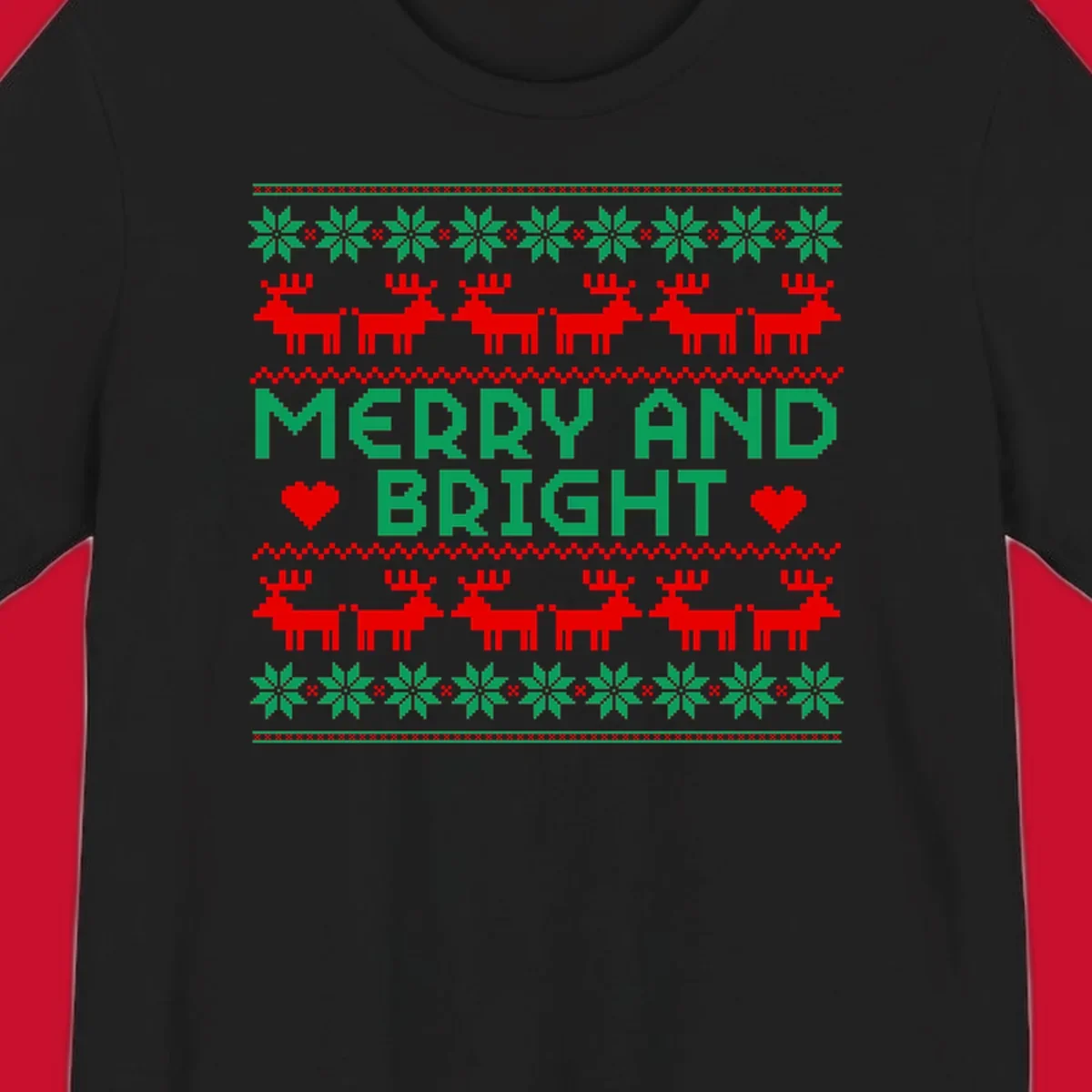 Pixelated Merry and Bright Christmas design with reindeer and snowflakes.