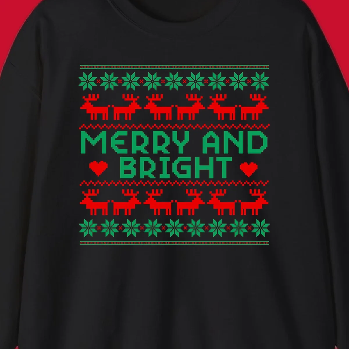 Pixelated Merry and Bright Christmas design with reindeer and snowflakes.