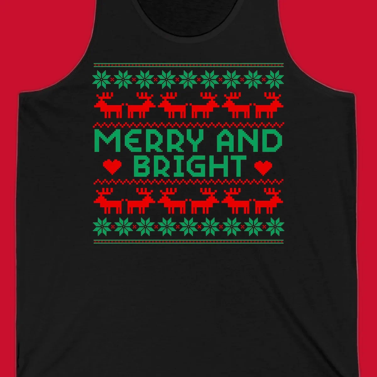 Pixelated Merry and Bright Christmas design with reindeer and snowflakes.