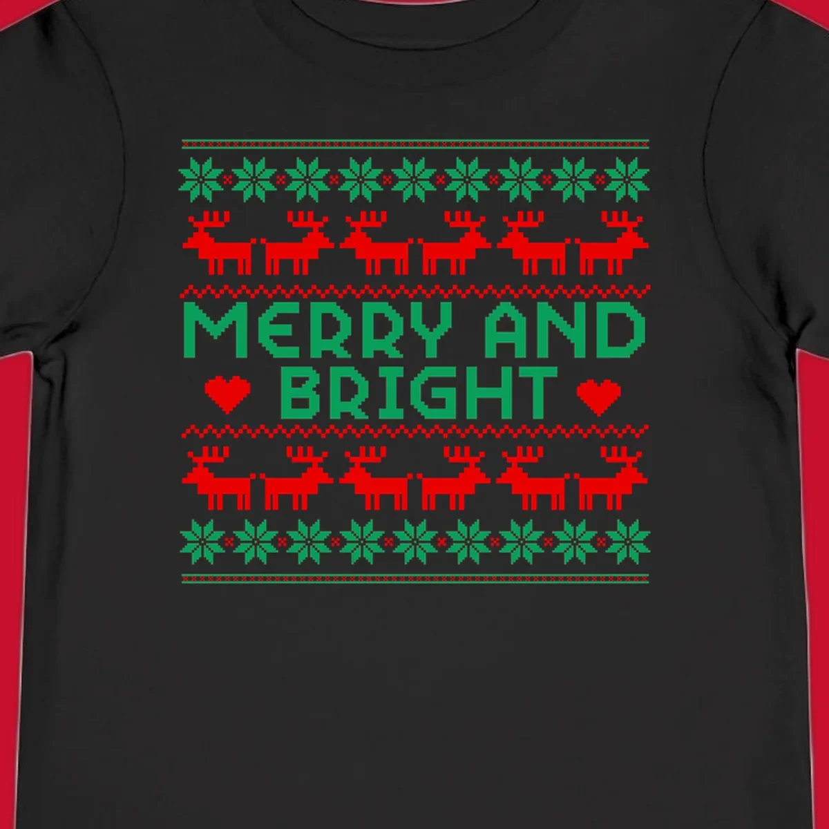 Pixelated Merry and Bright Christmas design with reindeer and snowflakes.