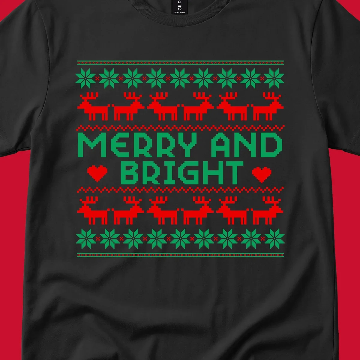 Pixelated Merry and Bright Christmas design with reindeer and snowflakes.