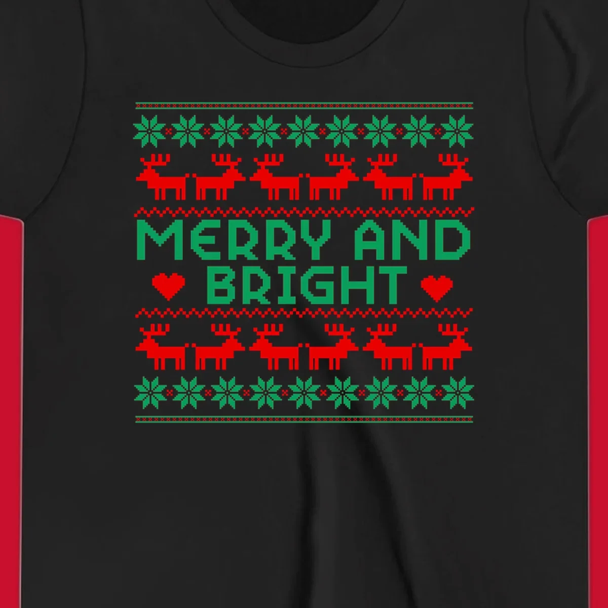 Pixelated Merry and Bright Christmas design with reindeer and snowflakes.