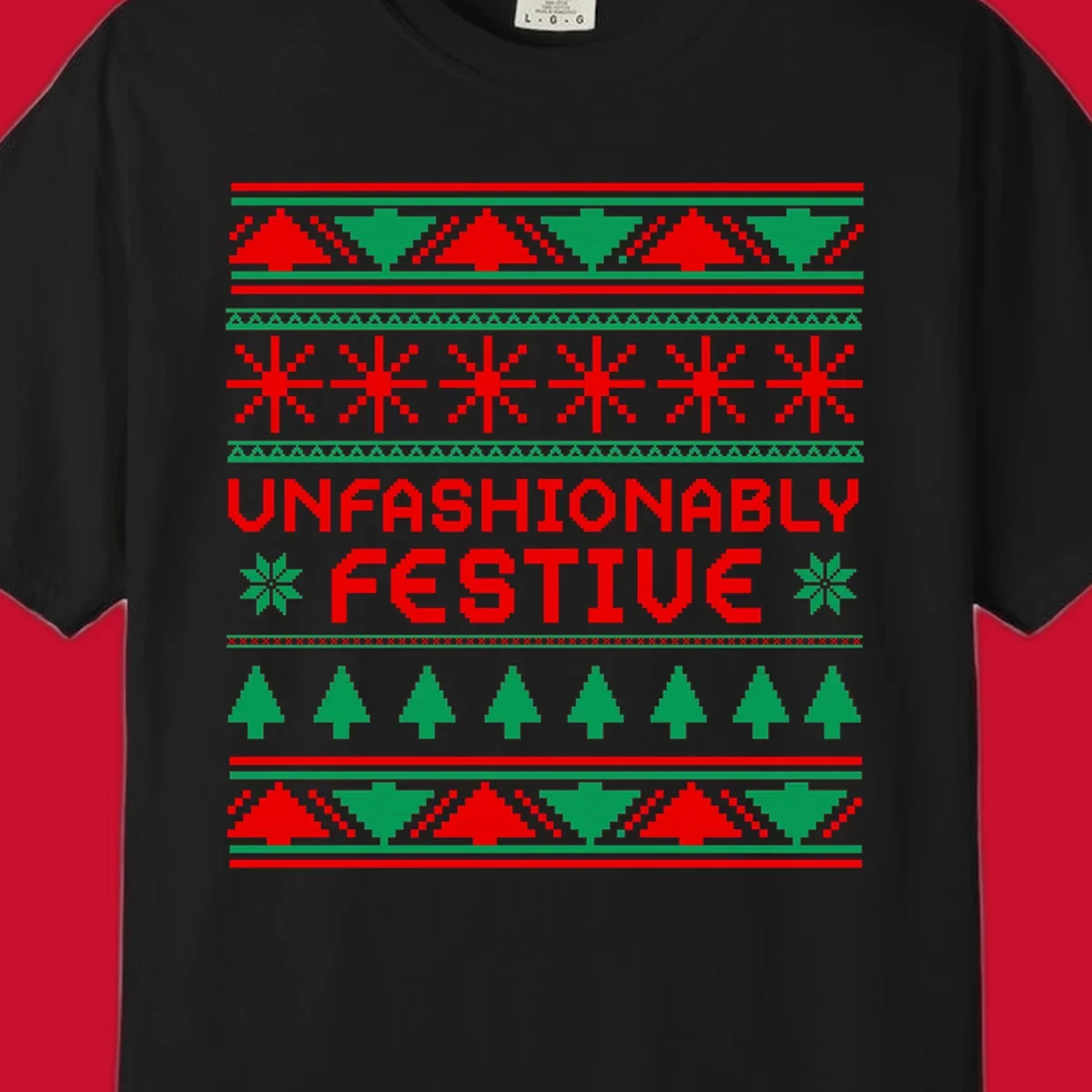 Unfashionably festive christmas ugly sweater design with pixelated trees and snowflakes.
