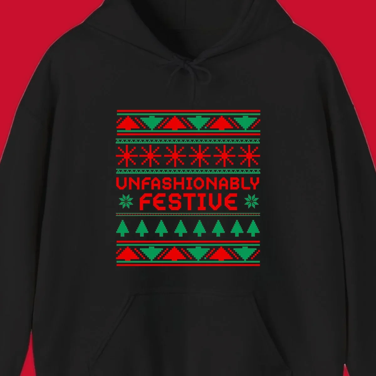Unfashionably festive christmas ugly sweater design with pixelated trees and snowflakes.