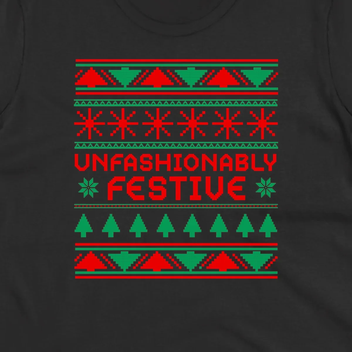 Unfashionably festive christmas ugly sweater design with pixelated trees and snowflakes.