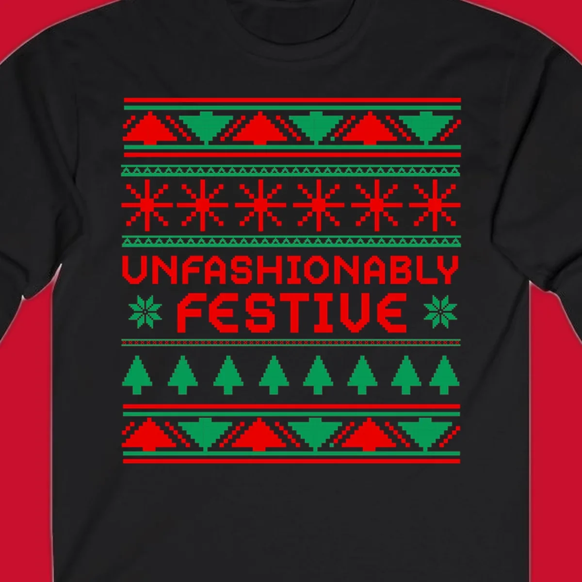Unfashionably festive christmas ugly sweater design with pixelated trees and snowflakes.