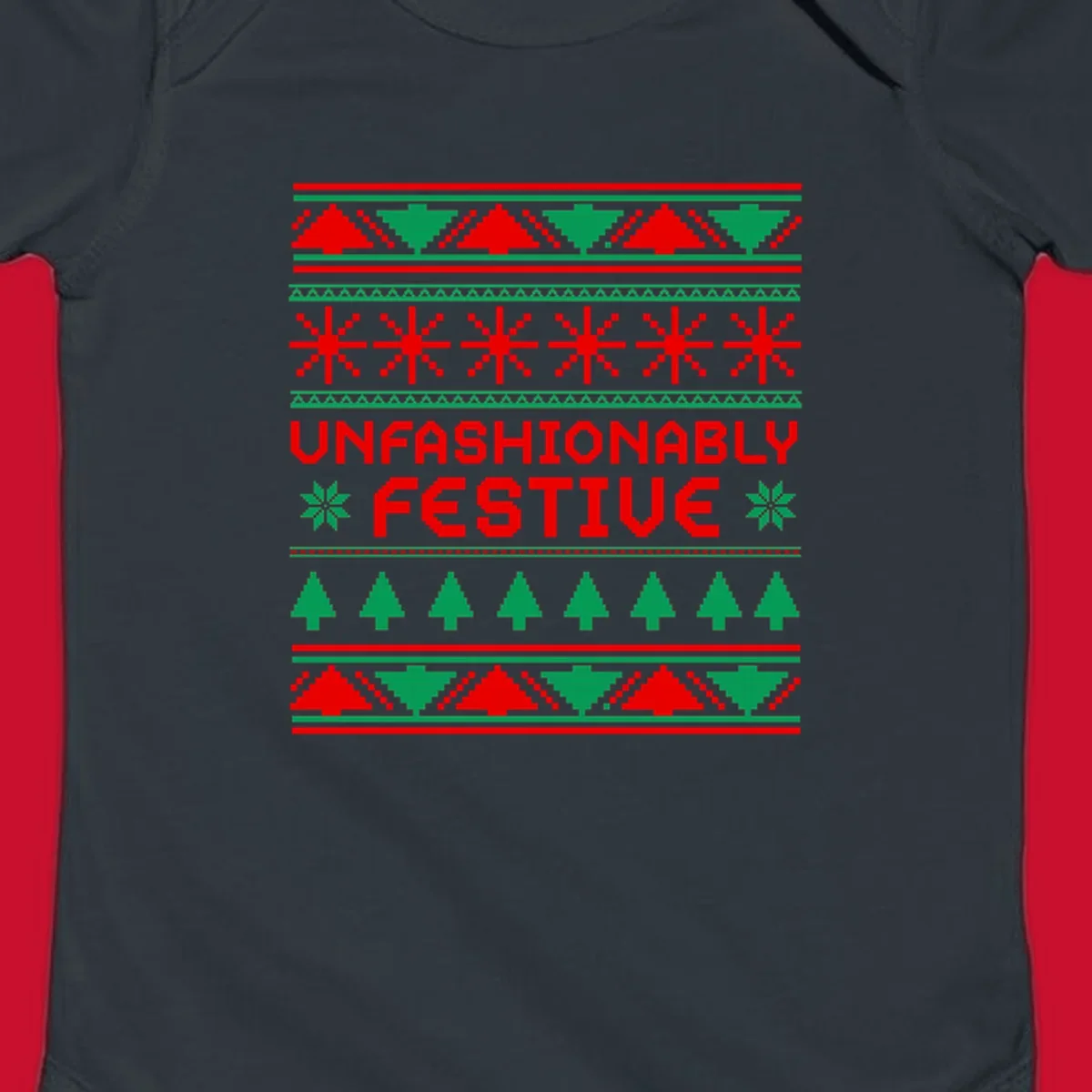 Unfashionably festive christmas ugly sweater design with pixelated trees and snowflakes.
