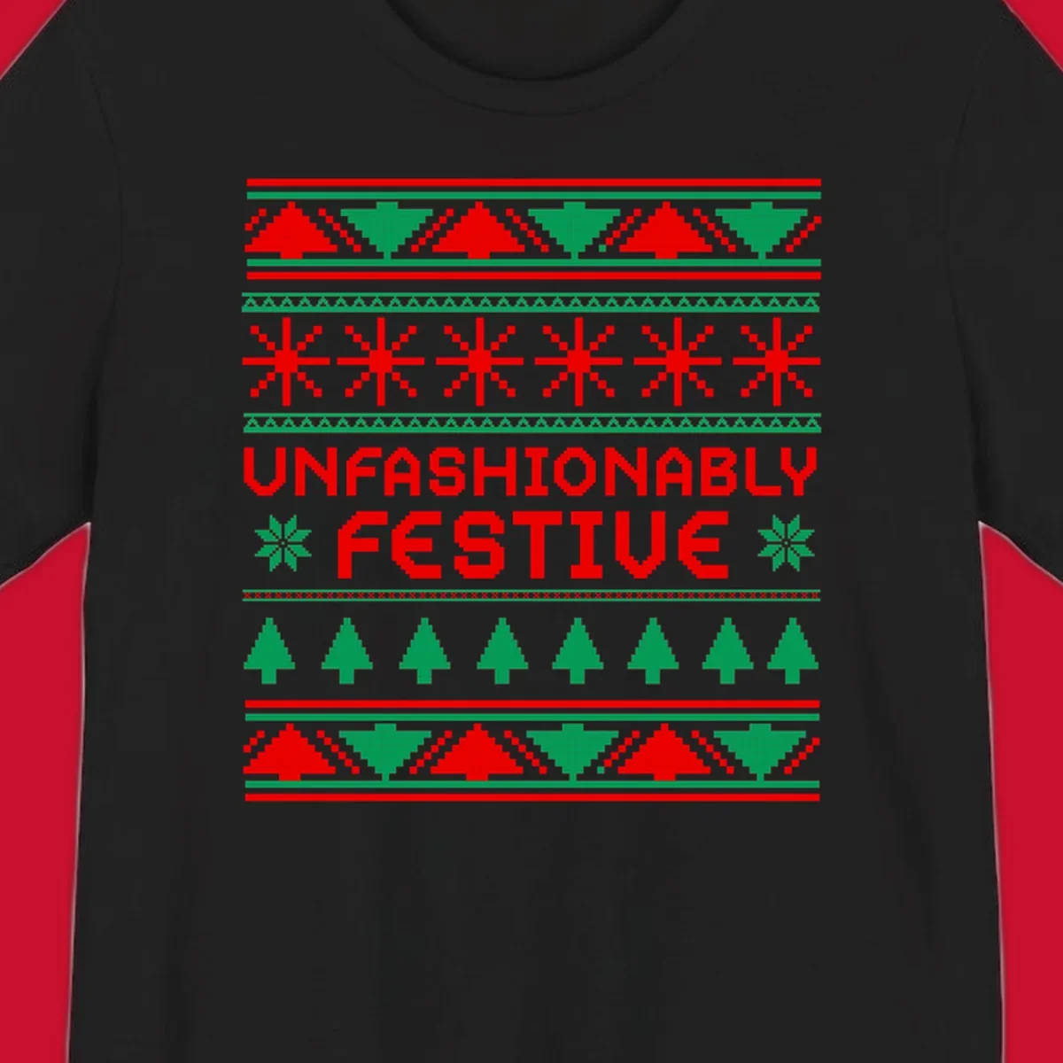 Unfashionably festive christmas ugly sweater design with pixelated trees and snowflakes.