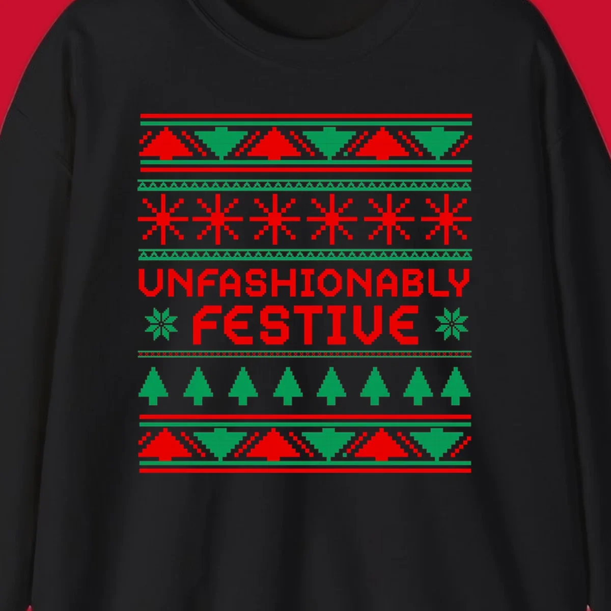 Unfashionably festive christmas ugly sweater design with pixelated trees and snowflakes.