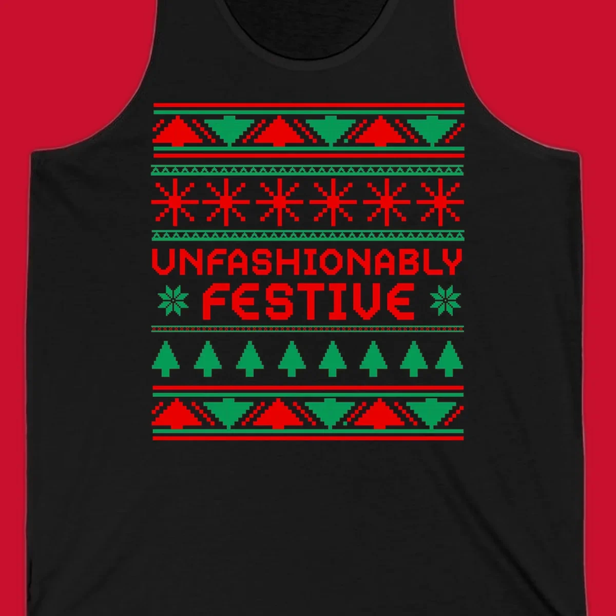 Unfashionably festive christmas ugly sweater design with pixelated trees and snowflakes.