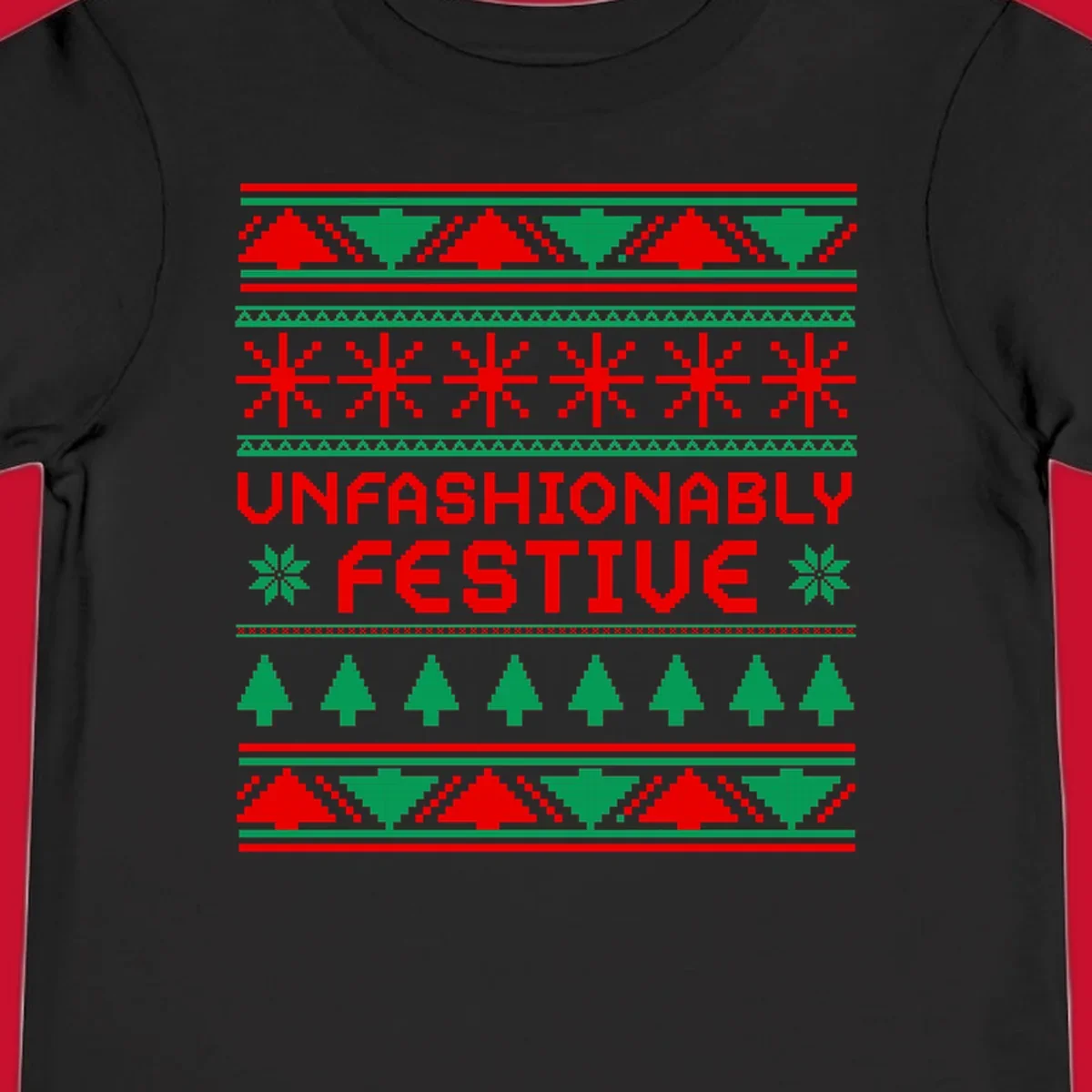 Unfashionably festive christmas ugly sweater design with pixelated trees and snowflakes.