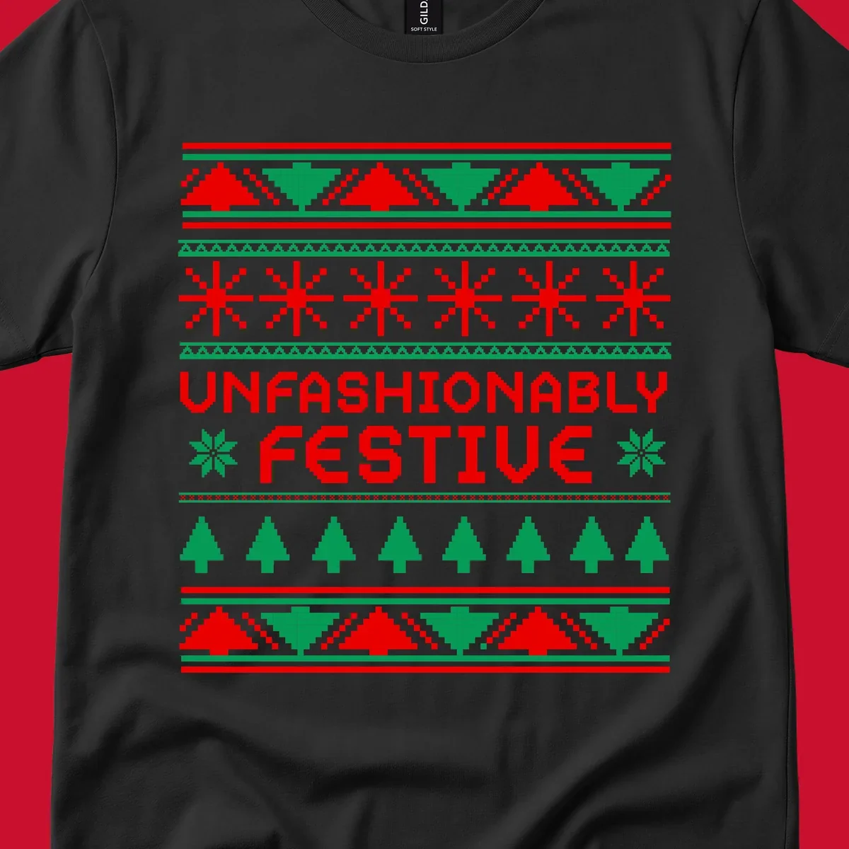 Unfashionably festive christmas ugly sweater design with pixelated trees and snowflakes.