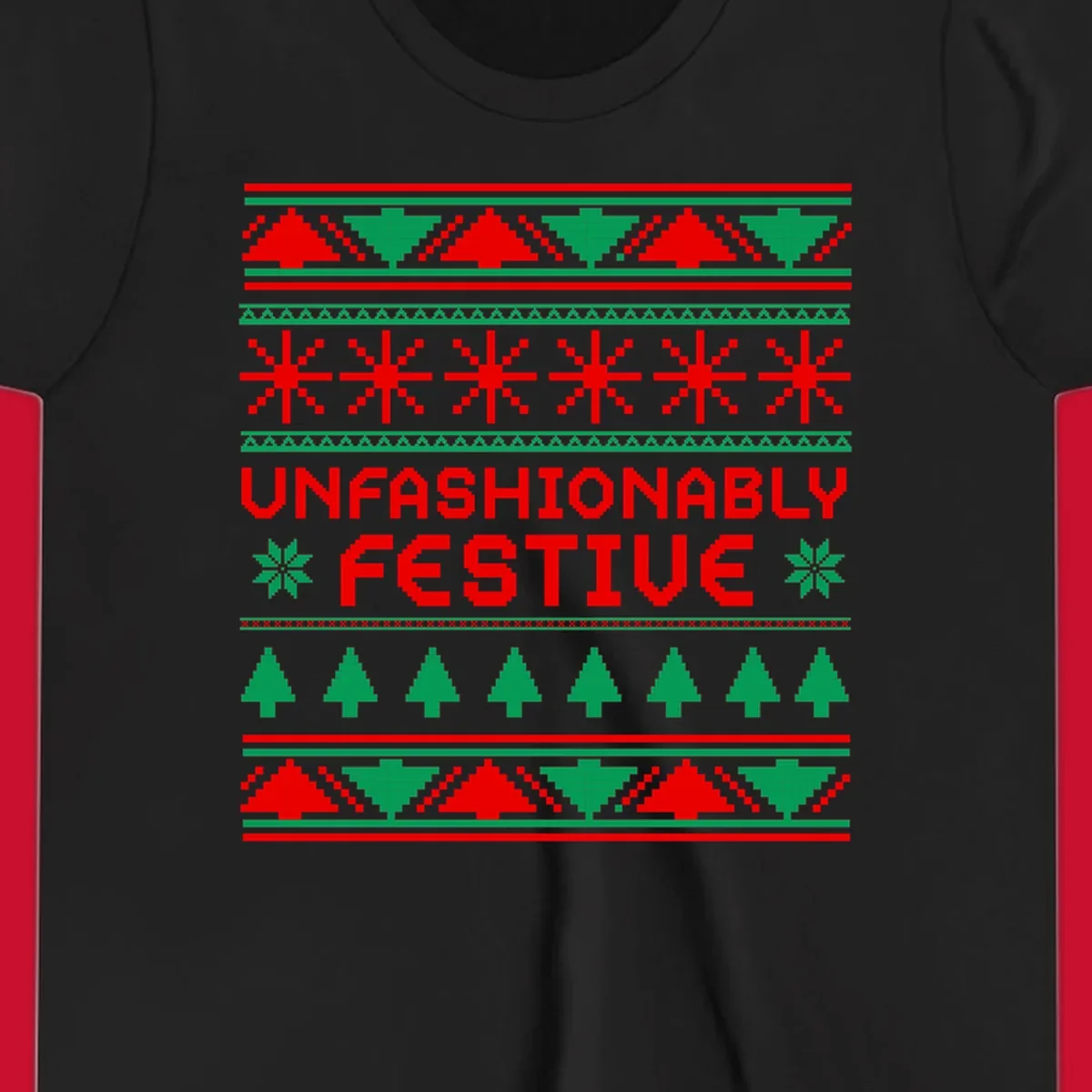 Unfashionably festive christmas ugly sweater design with pixelated trees and snowflakes.
