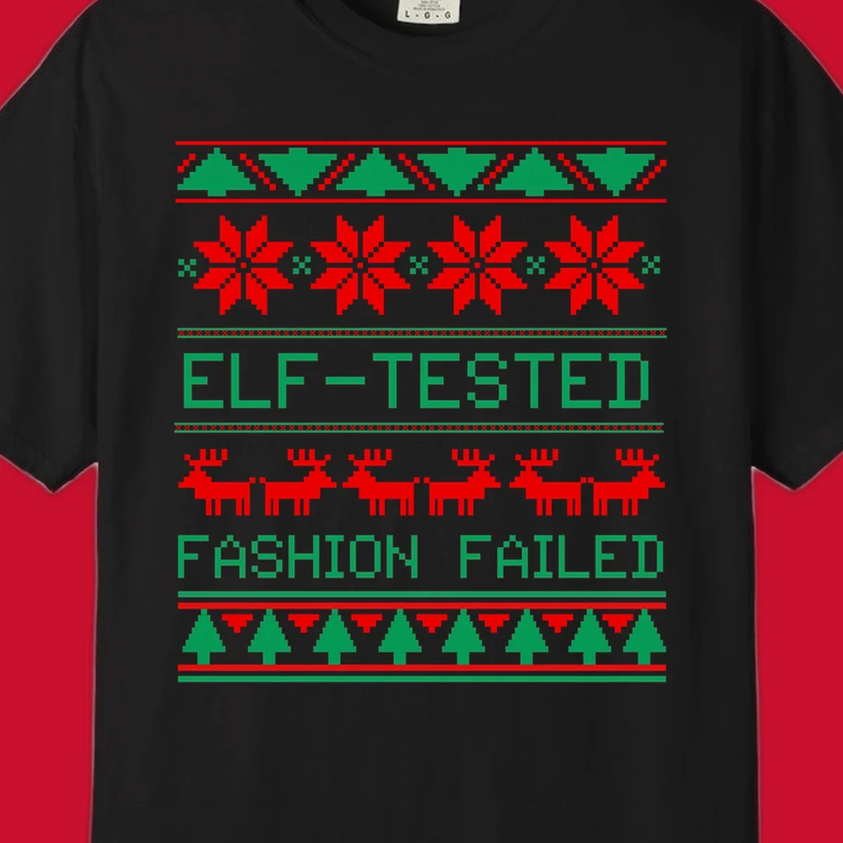 Ugly Christmas sweater design with elf-tested fashion failed text, reindeer, snowflakes, and trees.