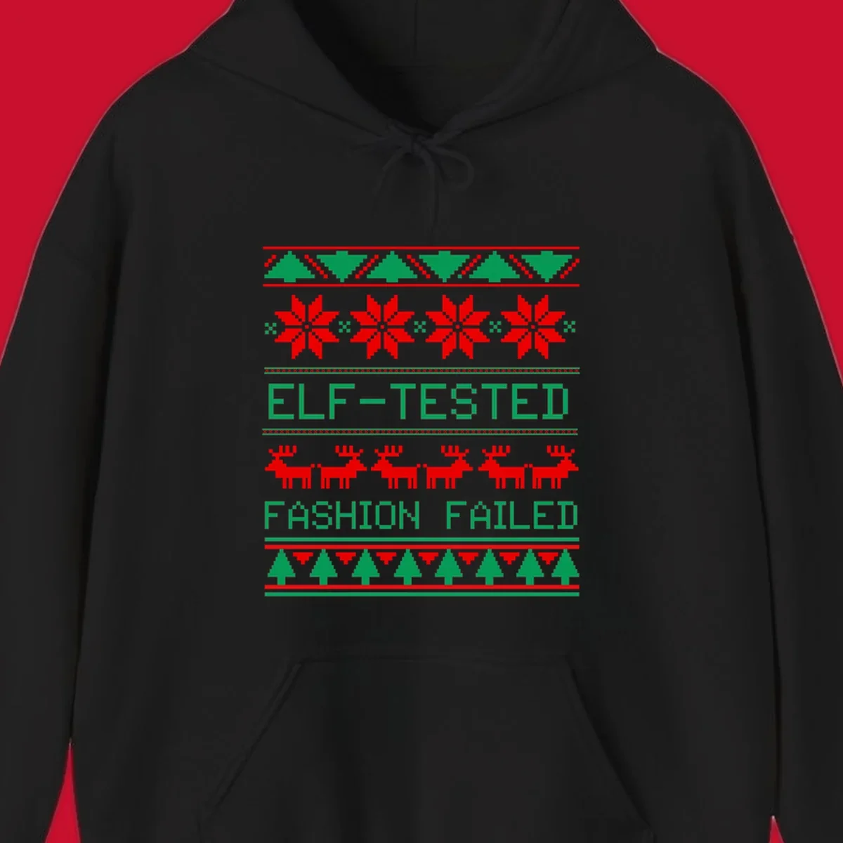 Ugly Christmas sweater design with elf-tested fashion failed text, reindeer, snowflakes, and trees.
