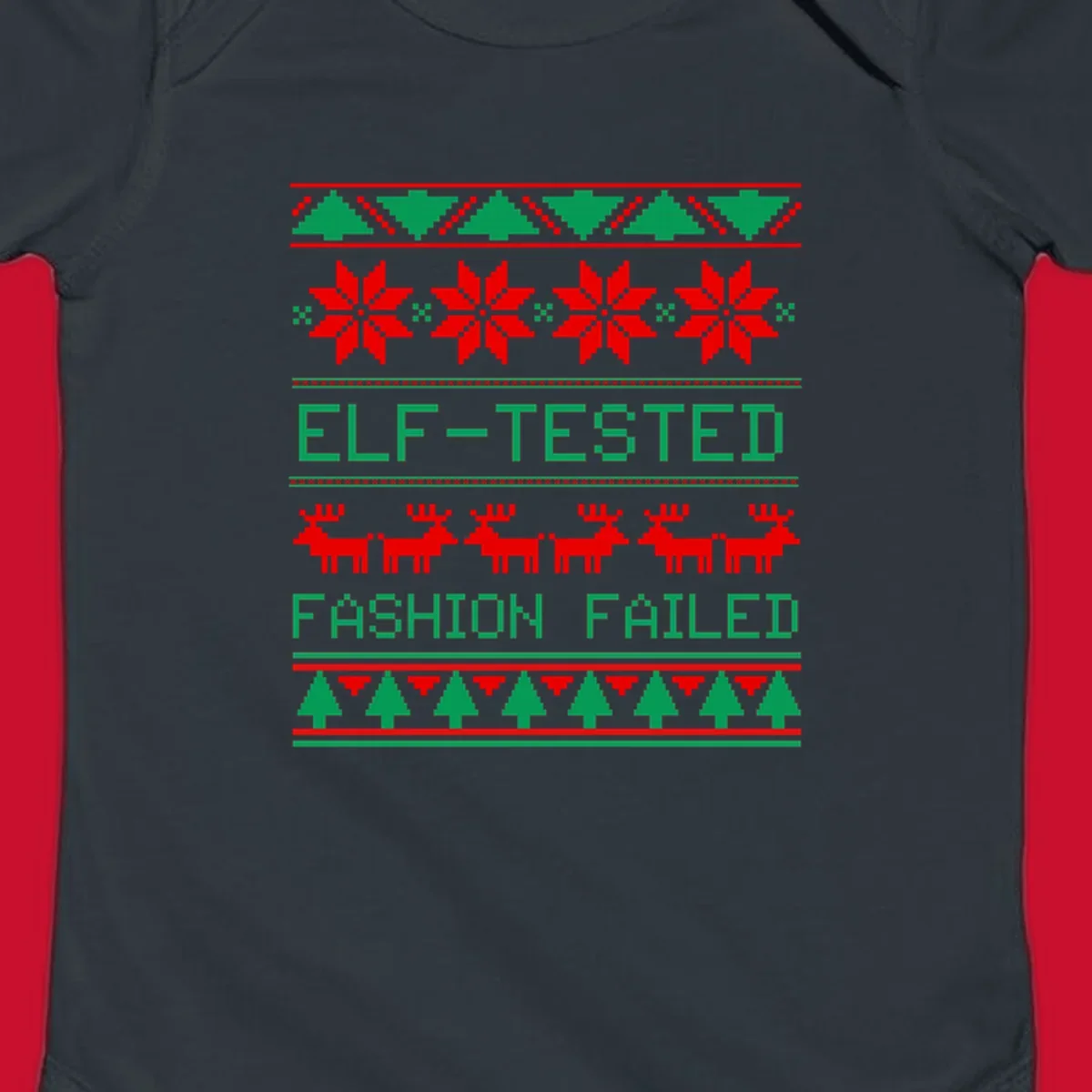 Ugly Christmas sweater design with elf-tested fashion failed text, reindeer, snowflakes, and trees.