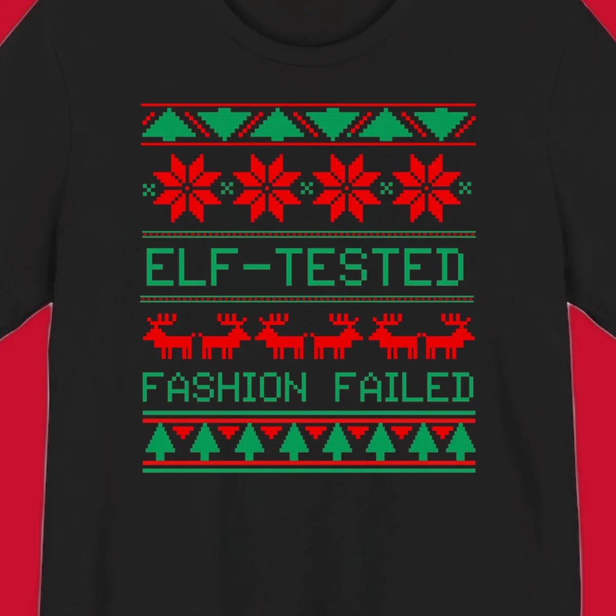 Ugly Christmas sweater design with elf-tested fashion failed text, reindeer, snowflakes, and trees.