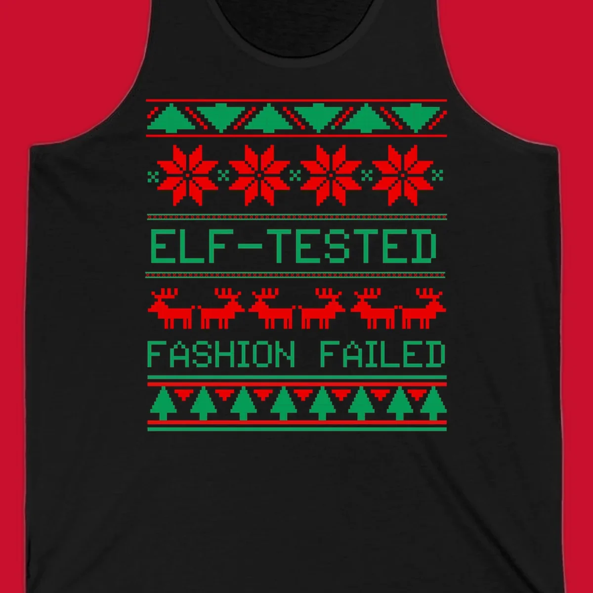 Ugly Christmas sweater design with elf-tested fashion failed text, reindeer, snowflakes, and trees.