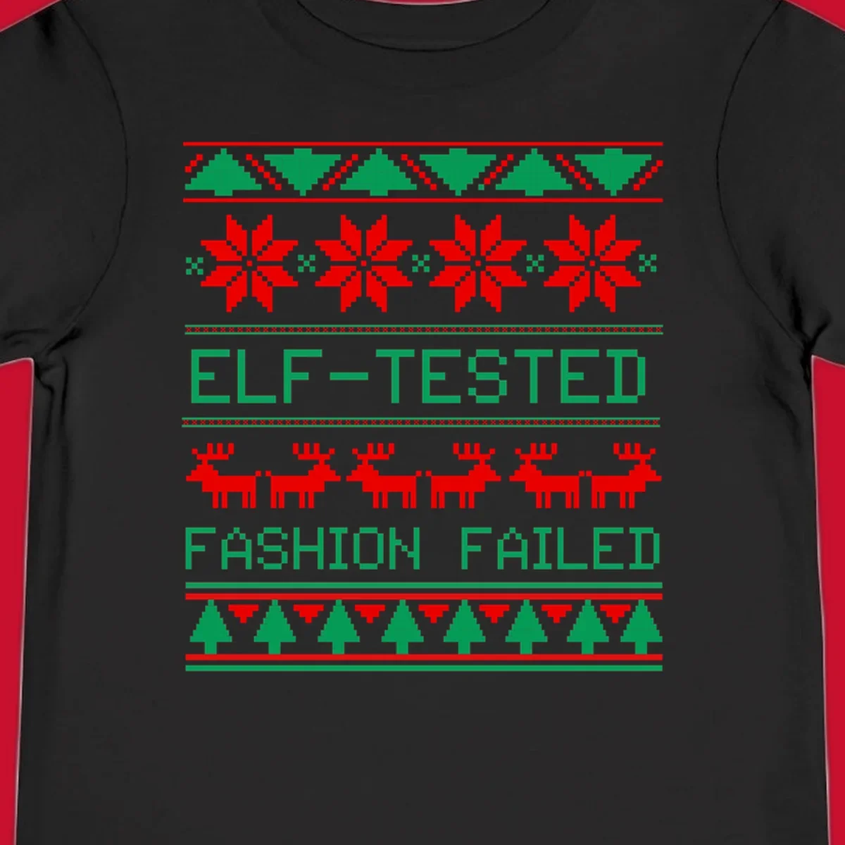 Ugly Christmas sweater design with elf-tested fashion failed text, reindeer, snowflakes, and trees.