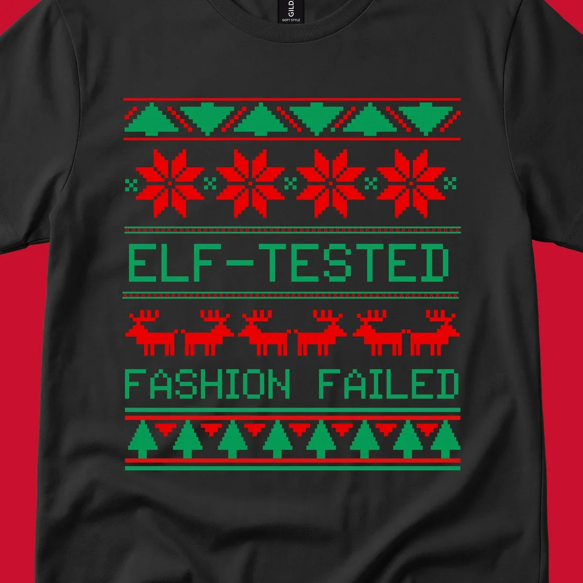 Ugly Christmas sweater design with elf-tested fashion failed text, reindeer, snowflakes, and trees.