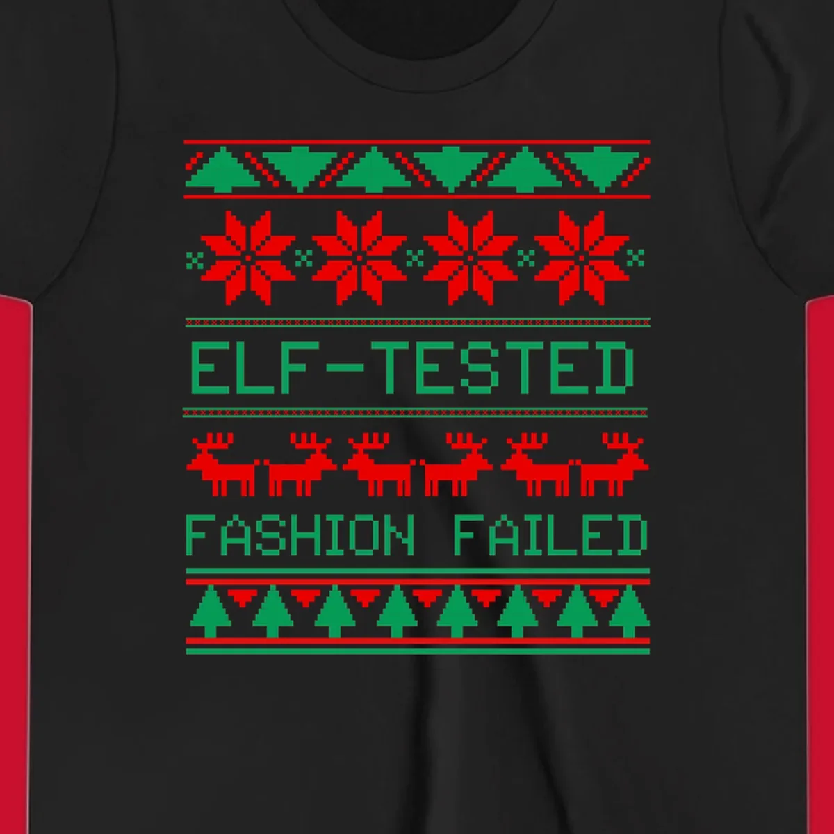 Ugly Christmas sweater design with elf-tested fashion failed text, reindeer, snowflakes, and trees.