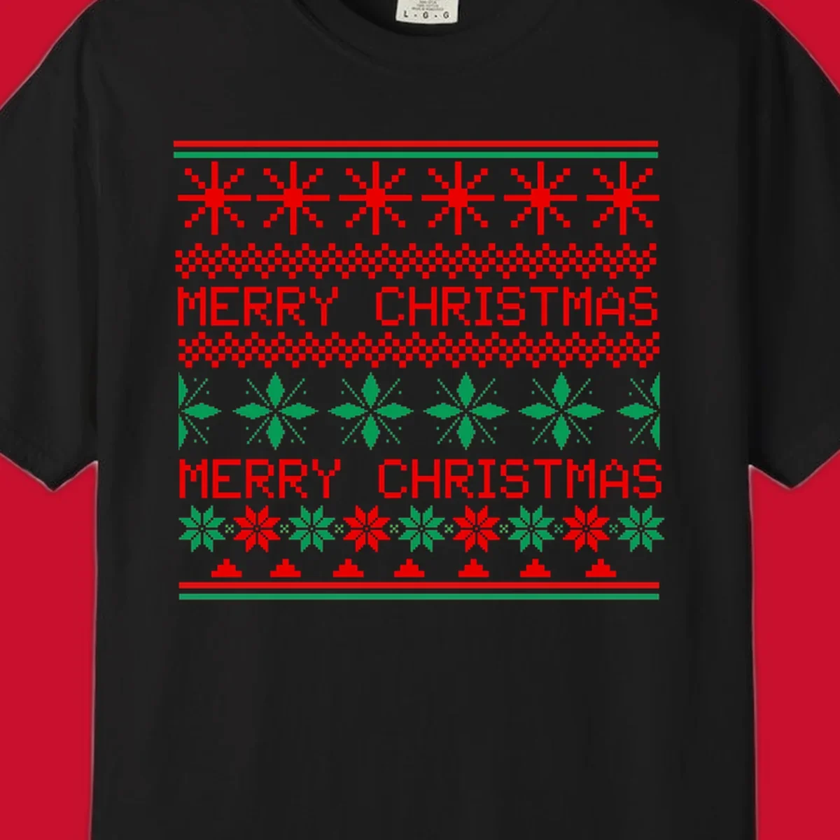 Ugly Christmas sweater pattern with red and green snowflakes and Merry Christmas text.