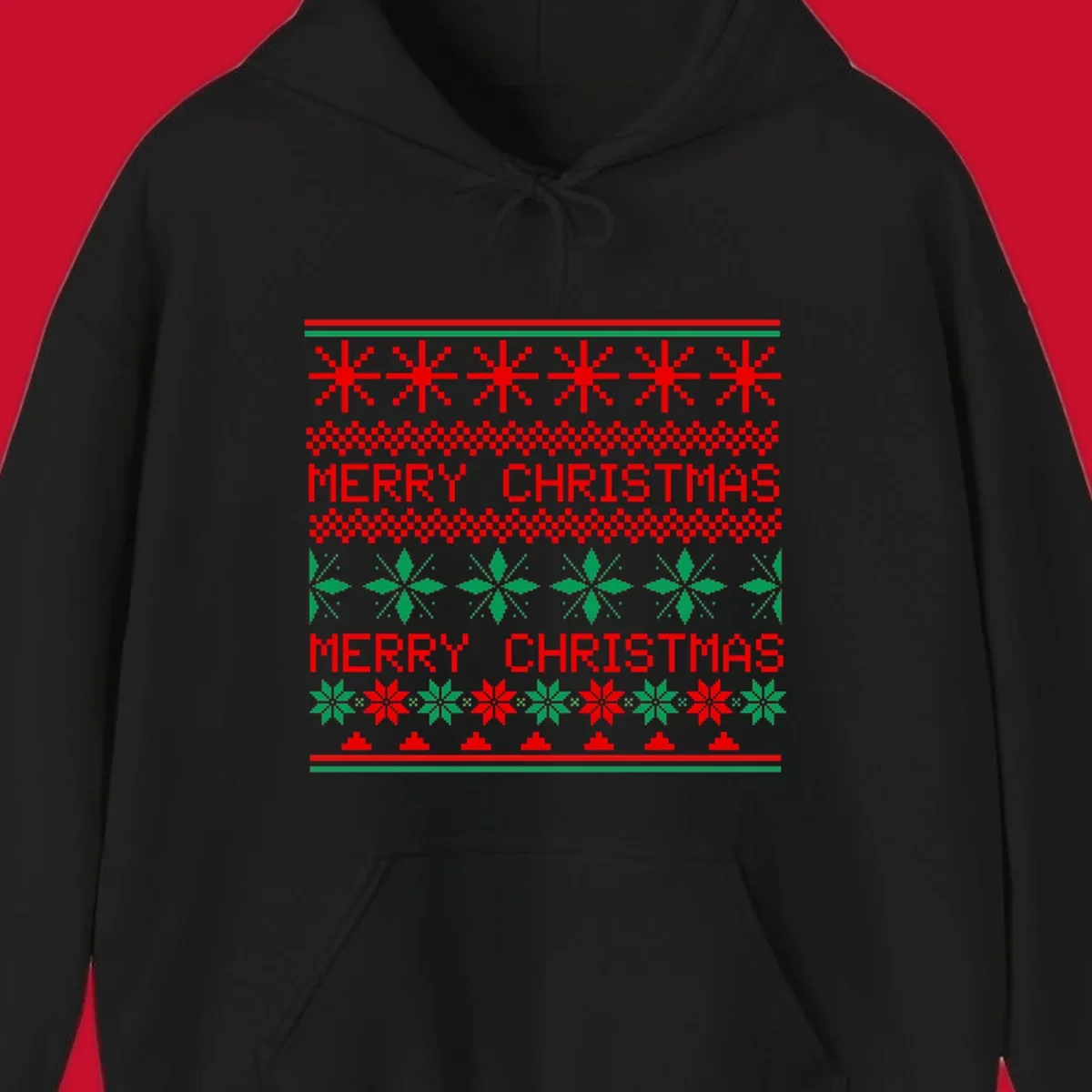 Ugly Christmas sweater pattern with red and green snowflakes and Merry Christmas text.