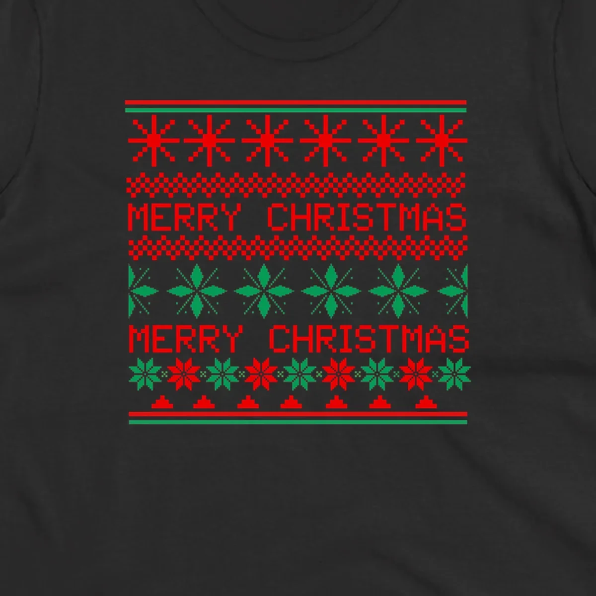 Ugly Christmas sweater pattern with red and green snowflakes and Merry Christmas text.