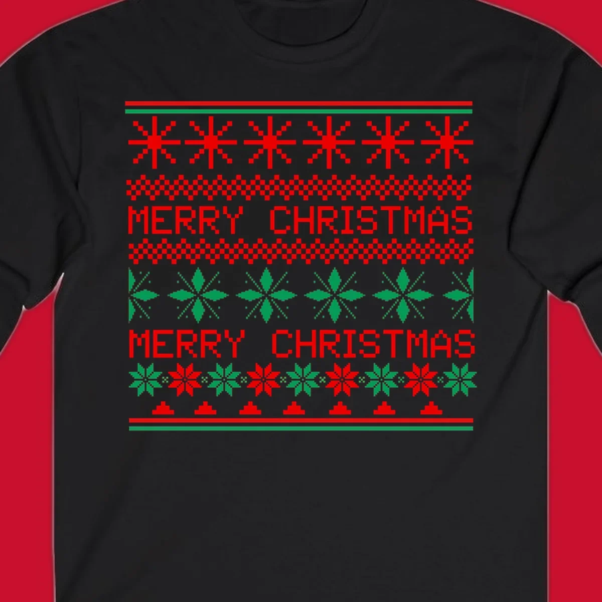 Ugly Christmas sweater pattern with red and green snowflakes and Merry Christmas text.
