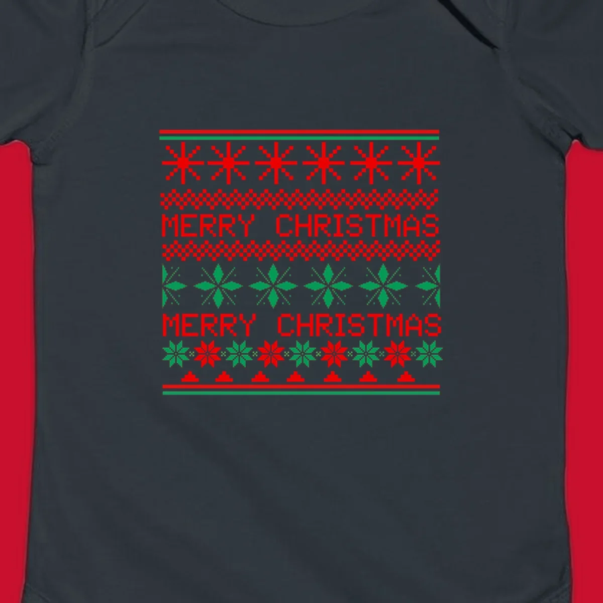 Ugly Christmas sweater pattern with red and green snowflakes and Merry Christmas text.