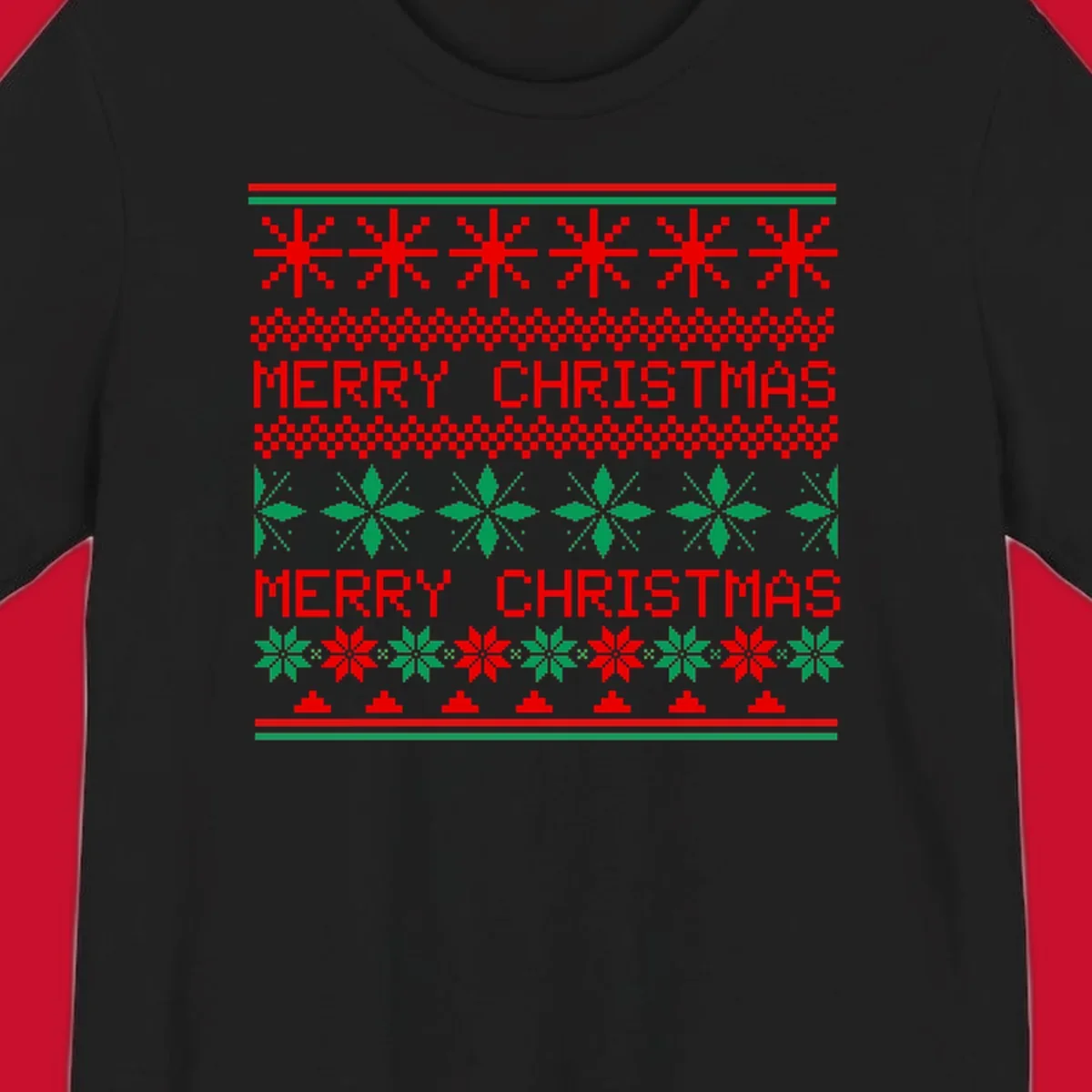 Ugly Christmas sweater pattern with red and green snowflakes and Merry Christmas text.