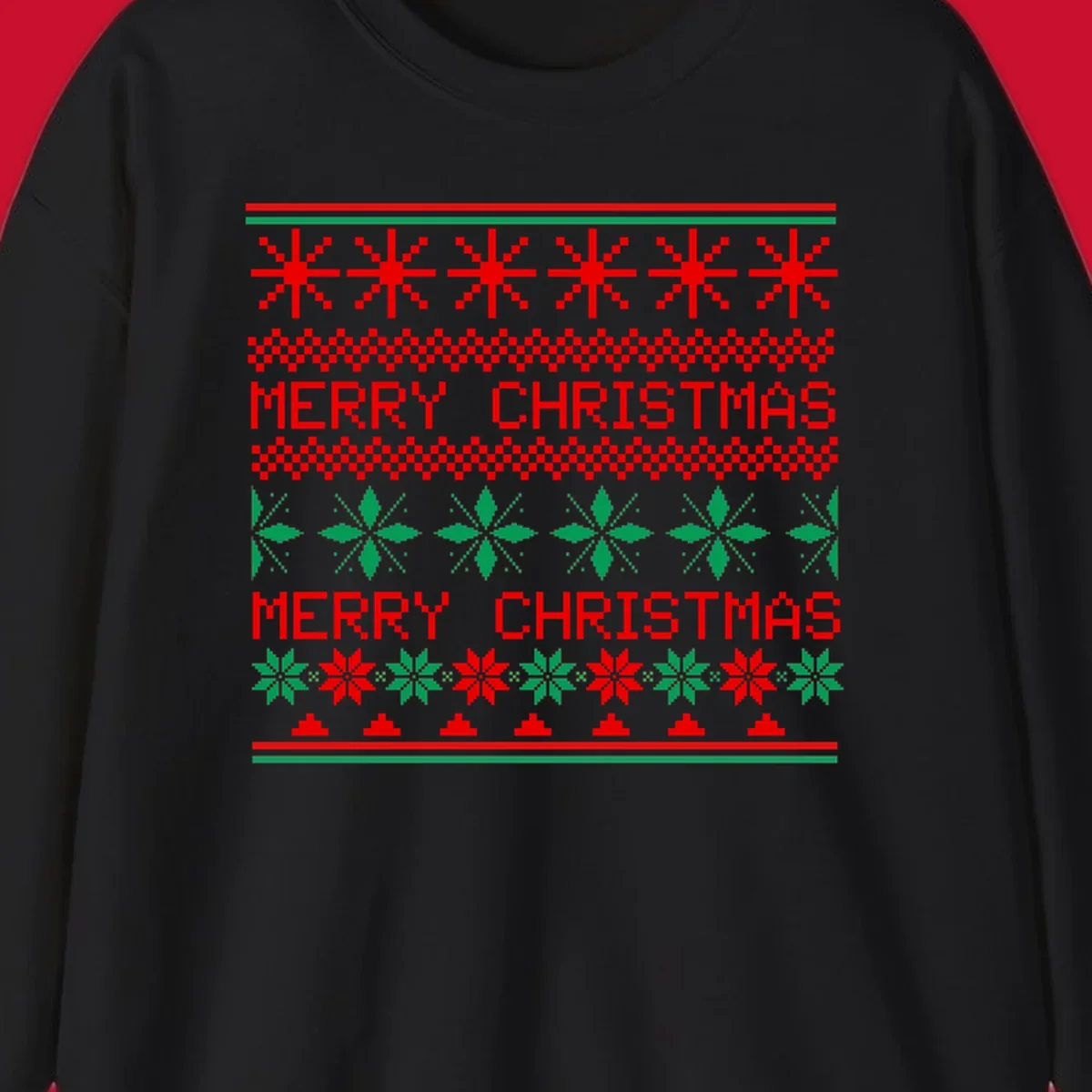 Ugly Christmas sweater pattern with red and green snowflakes and Merry Christmas text.