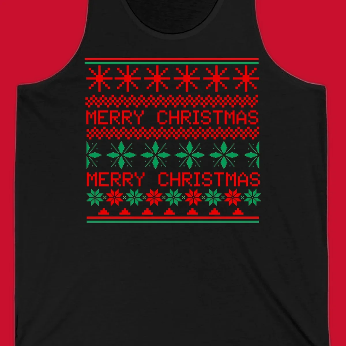 Ugly Christmas sweater pattern with red and green snowflakes and Merry Christmas text.