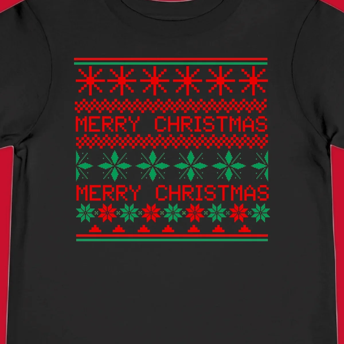 Ugly Christmas sweater pattern with red and green snowflakes and Merry Christmas text.