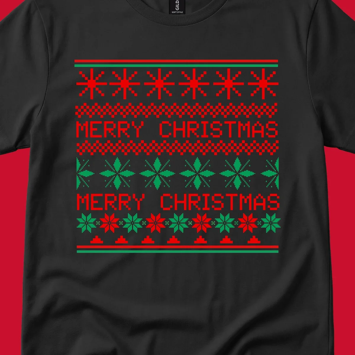 Ugly Christmas sweater pattern with red and green snowflakes and Merry Christmas text.