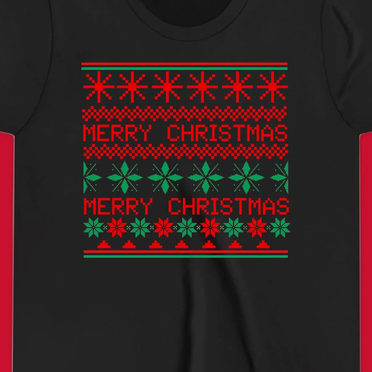 Ugly Christmas sweater pattern with red and green snowflakes and Merry Christmas text.